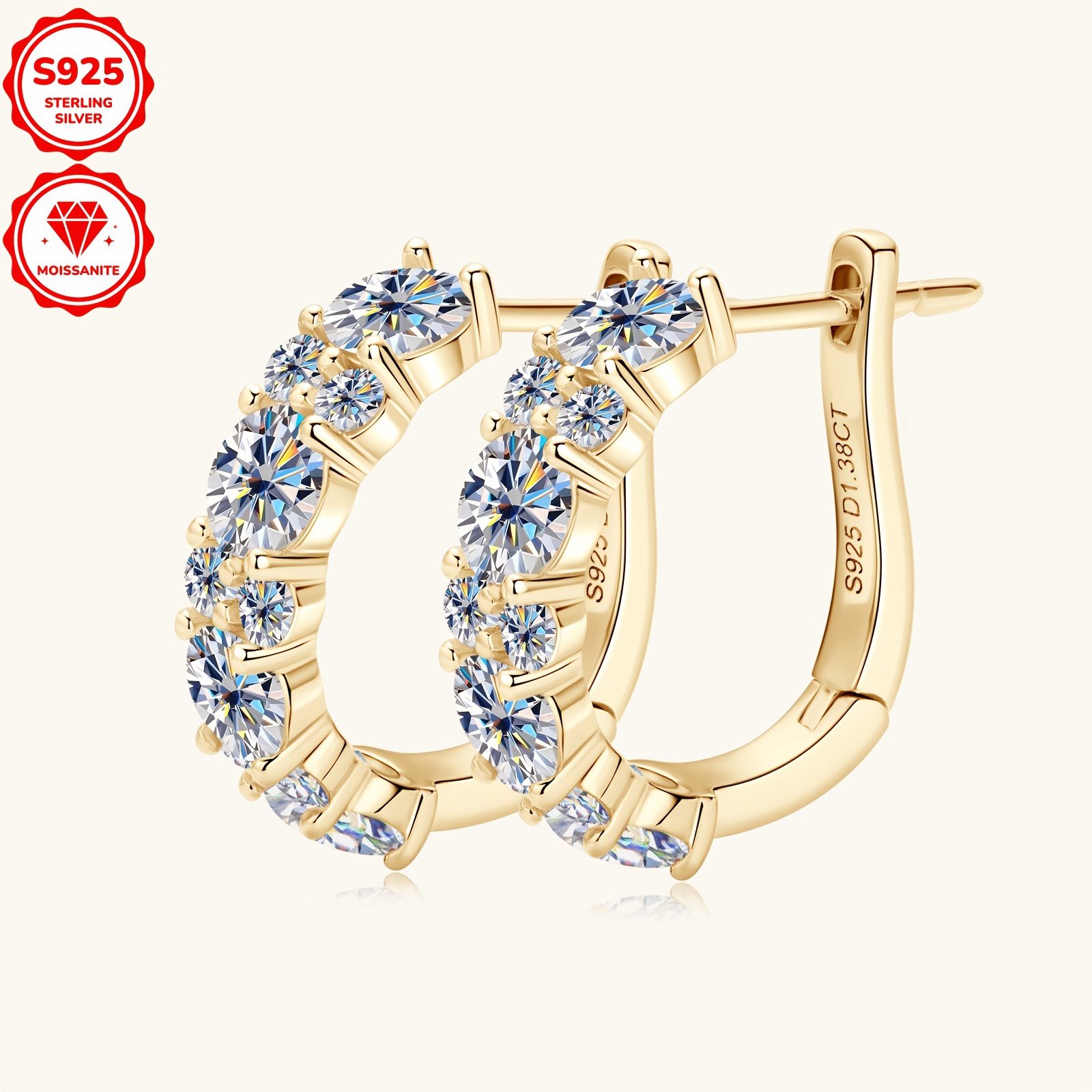 1 Paire de Boucles d'Oreilles Mozambique | Boucles d'Oreilles Anneau Tendance en Argent 925 pour Femmes avec Moissanite Ronde, Style Boho Élégant, Plaqué Or 14K