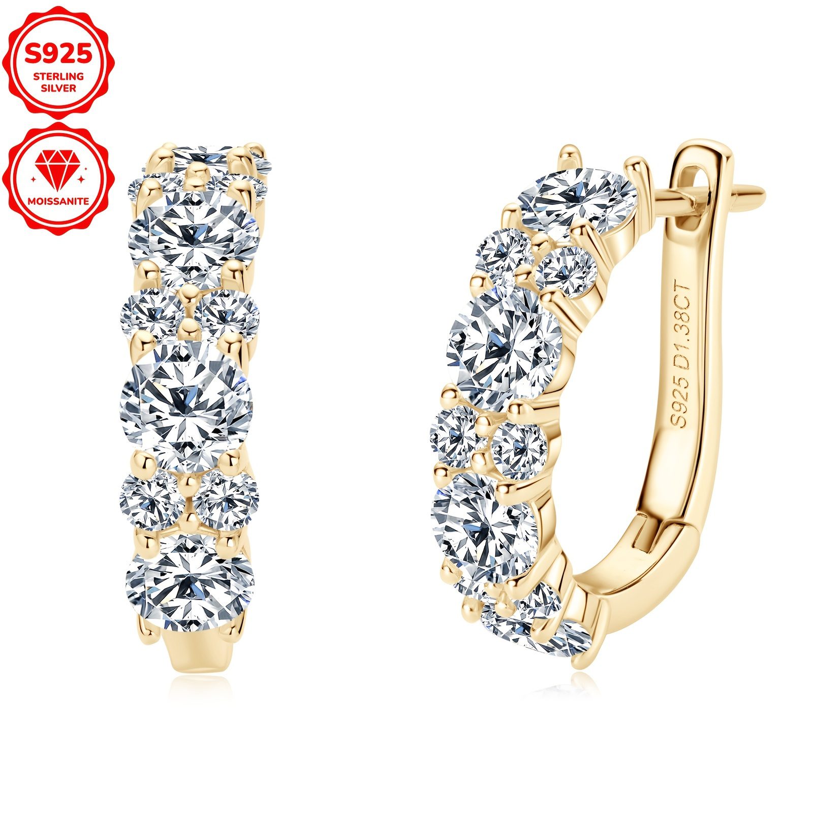 1 Paire de Boucles d'Oreilles Mozambique | Boucles d'Oreilles Anneau Tendance en Argent 925 pour Femmes avec Moissanite Ronde, Style Boho Élégant, Plaqué Or 14K