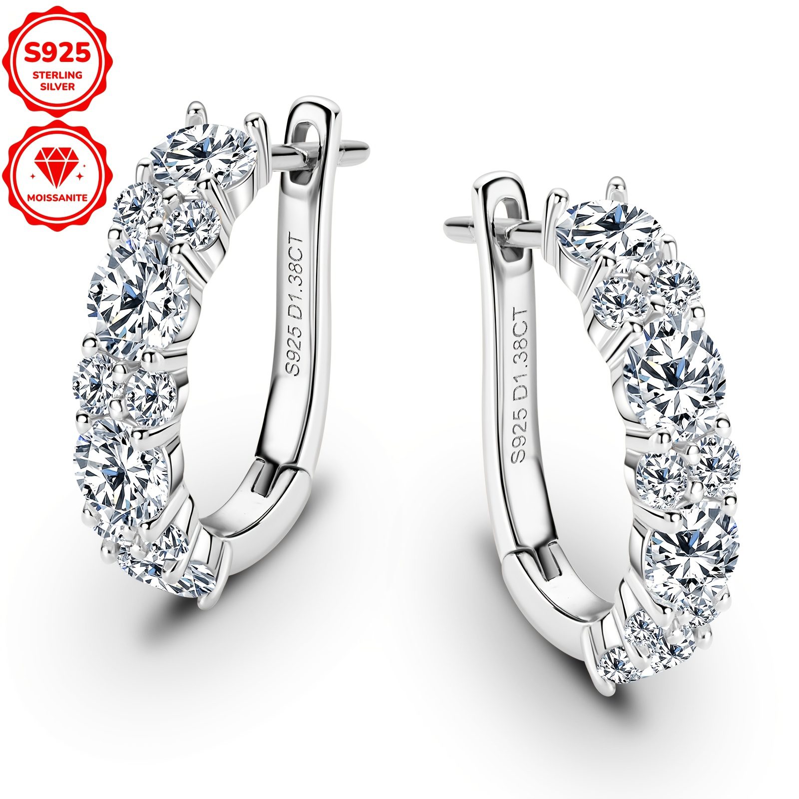 1 Paire de Boucles d'Oreilles Mozambique | Boucles d'Oreilles Anneau Tendance en Argent 925 pour Femmes avec Moissanite Ronde, Style Boho Élégant, Plaqué Or 14K