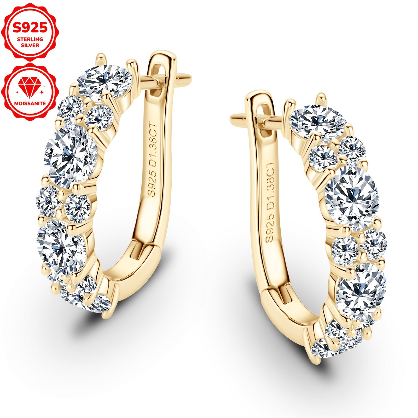 1 Paire de Boucles d'Oreilles Mozambique | Boucles d'Oreilles Anneau Tendance en Argent 925 pour Femmes avec Moissanite Ronde, Style Boho Élégant, Plaqué Or 14K