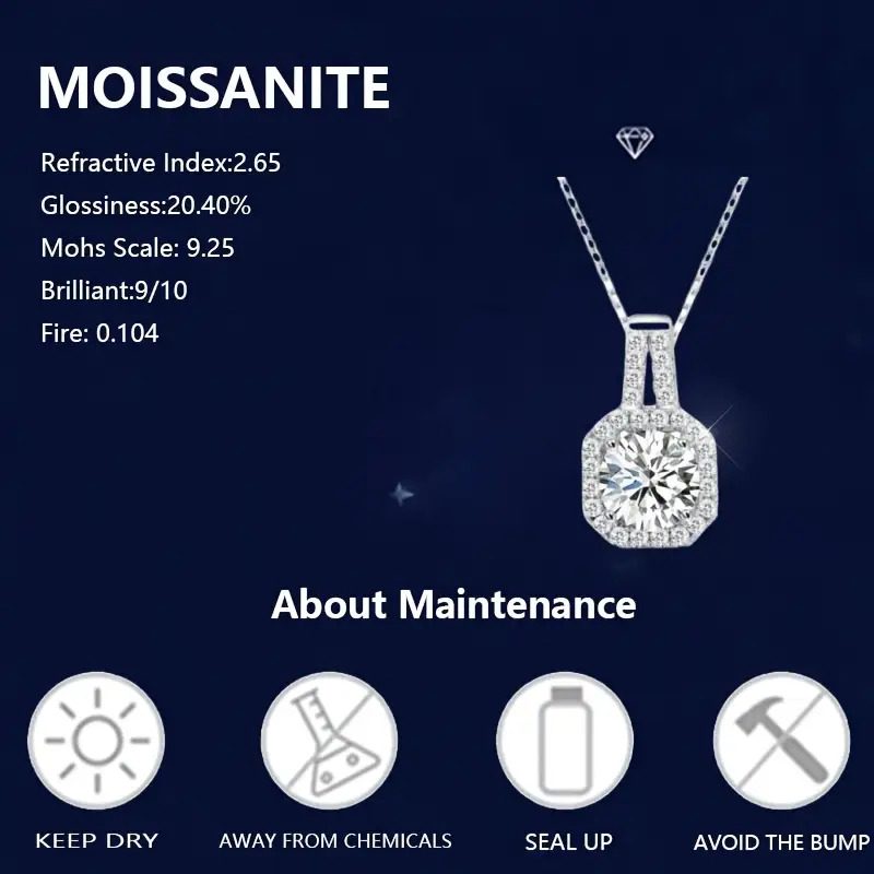 Collier pendentif en argent sterling 925 avec moissanite taille princesse de 1 carat/2 carats, convient pour le quotidien, les fêtes, les soirées, les rendez-vous, les vacances, les anniversaires, la Saint-Valentin, le carnaval, Pâques et autres cadeaux de bijoux, avec boîte cadeau, environ 0,14 oz