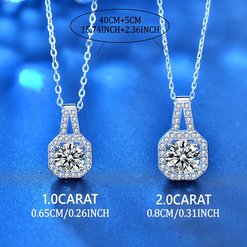 Collier pendentif en argent sterling 925 avec moissanite taille princesse de 1 carat/2 carats, convient pour le quotidien, les fêtes, les soirées, les rendez-vous, les vacances, les anniversaires, la Saint-Valentin, le carnaval, Pâques et autres cadeaux de bijoux, avec boîte cadeau, environ 0,14 oz