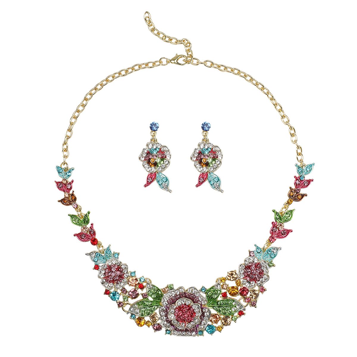 Parure de bijoux de mariée bohème Y2K 3 pièces à fleurs exagérées - Collier et boucles d'oreilles remarquables en strass, convient pour mariage, fête, usage quotidien, accessoires pour femme, cadeau toute l'année pour Noël, la Saint-Valentin, le bal de fin d'année