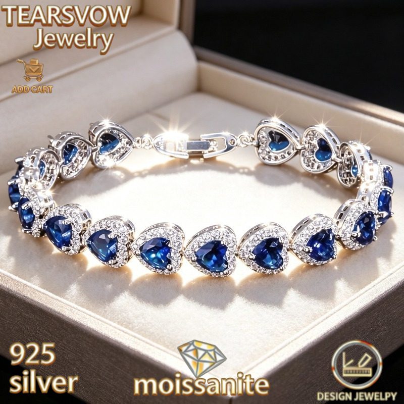 Bracelet en argent S925 élégant et exquis - Cœur bleu haut de gamme avec moissanite blanche - Convient pour épouses, anniversaires, Noël, Thanksgiving, cadeaux de la Saint-Valentin