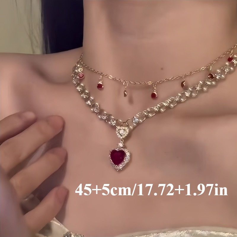 1 pièce Collier superposé scintillant pour femme avec zircone synthétique rouge et chaîne à double pompon pour clavicule, style bohème français, convient pour les fêtes, le quotidien, cadeau pour la fête des Mères, la remise de diplôme, bijou élégant toute l'année