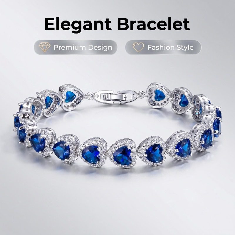 Bracelet en argent S925 élégant et exquis - Cœur bleu haut de gamme avec moissanite blanche - Convient pour épouses, anniversaires, Noël, Thanksgiving, cadeaux de la Saint-Valentin