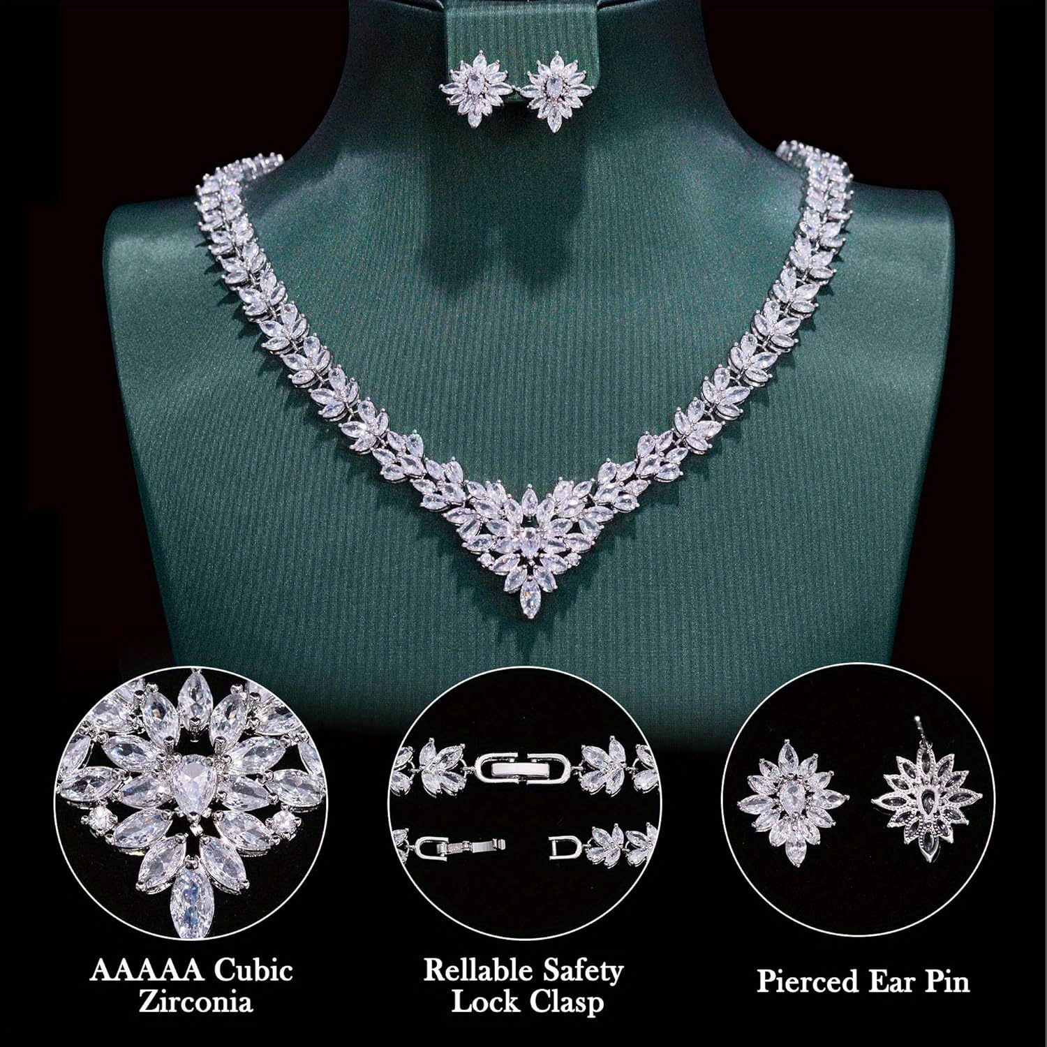 Parure de bijoux 925 argentée à fleur et zircone 5A comprenant un collier et des boucles d'oreilles. Élégante et luxueuse, coffret élégant et exquis est parfait pour un usage quotidien ainsi que pour les banquets et les fêtes. C'est un cadeau idéal pour les mariages et la Saint-Valentin.