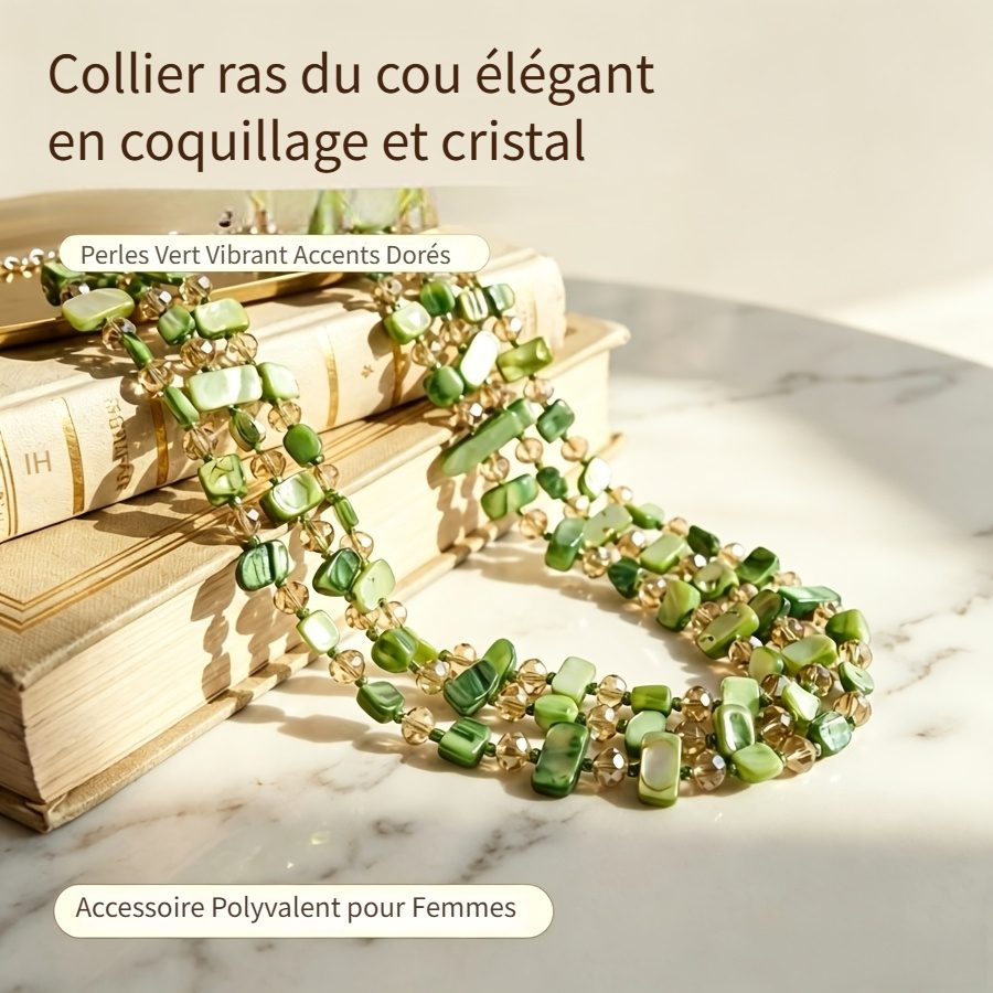 Collier Bohème Vert Multicouche Coquillage & Cristal – Image 3