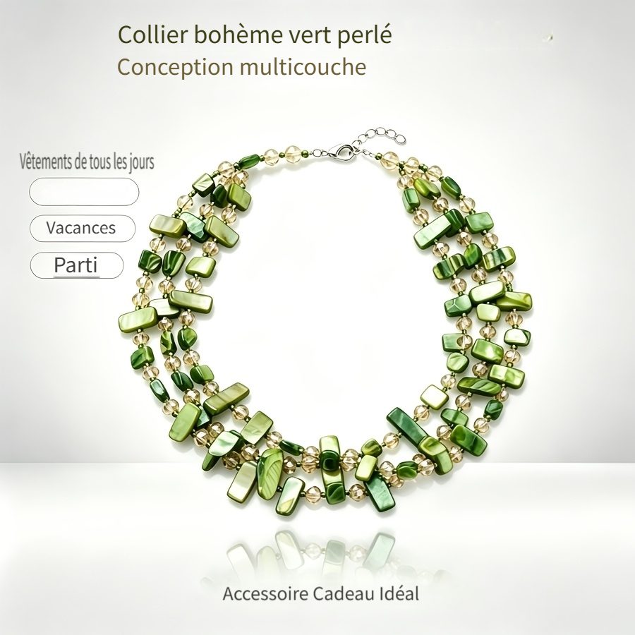 Collier Bohème Vert Multicouche Coquillage & Cristal – Image 5