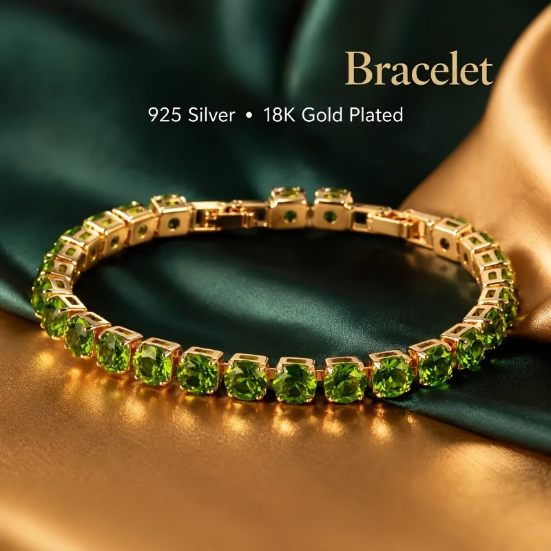 Bracelet tennis émeraude en argent sterling 925 plaqué 18K pour femmes, pierre précieuse verte créée en laboratoire de 6 mm, hypoallergénique, sans ternissement, chaîne réglable, pierre de naissance de mai, cadeau d'anniversaire pour maman, épouse, bijou vintage élégant