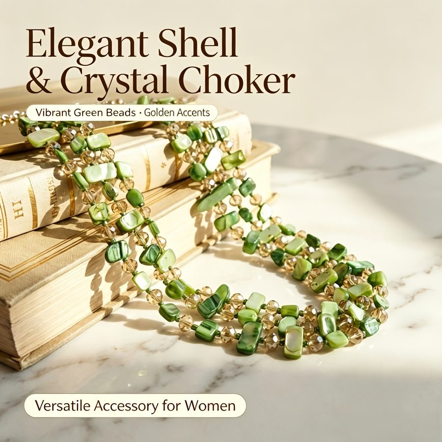 1pc Collier Bohème Élégant Vert avec Perles Décoratives, Collier à la Mode Multicouche en Coquillage & Cristal, Accessoire Polyvalent pour Femme, Usage Quotidien, Vacances, Fêtes & Banquets, Accessoire Cadeau Idéal