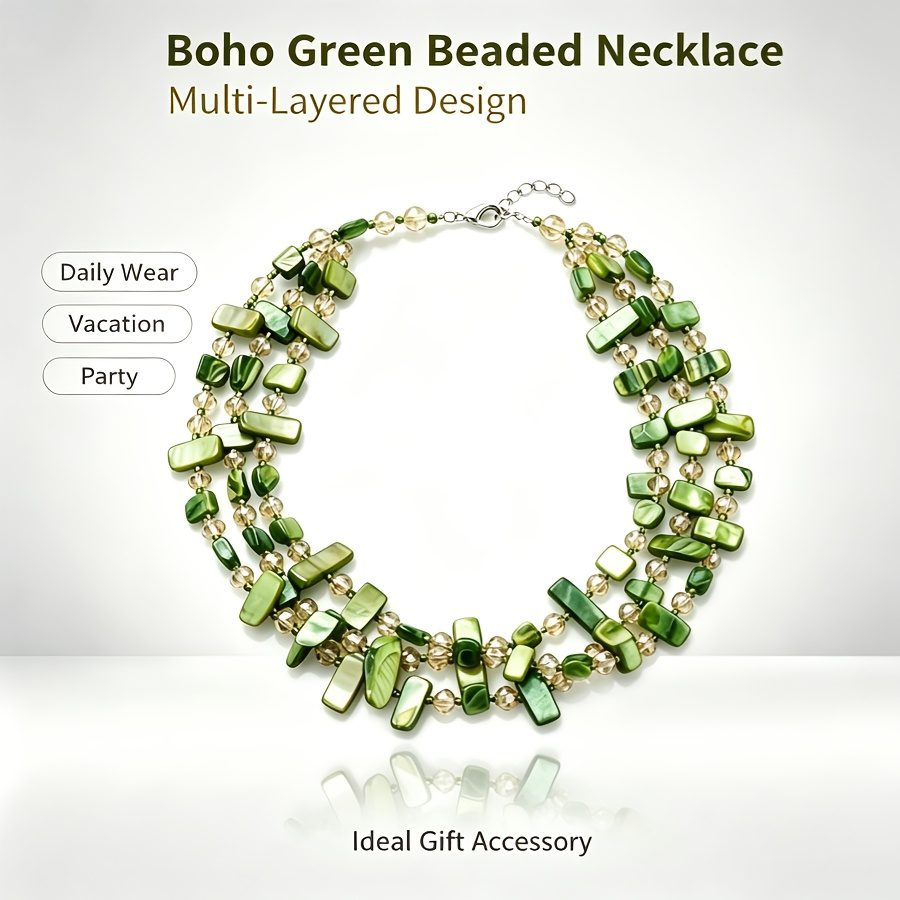 1pc Collier Bohème Élégant Vert avec Perles Décoratives, Collier à la Mode Multicouche en Coquillage & Cristal, Accessoire Polyvalent pour Femme, Usage Quotidien, Vacances, Fêtes & Banquets, Accessoire Cadeau Idéal